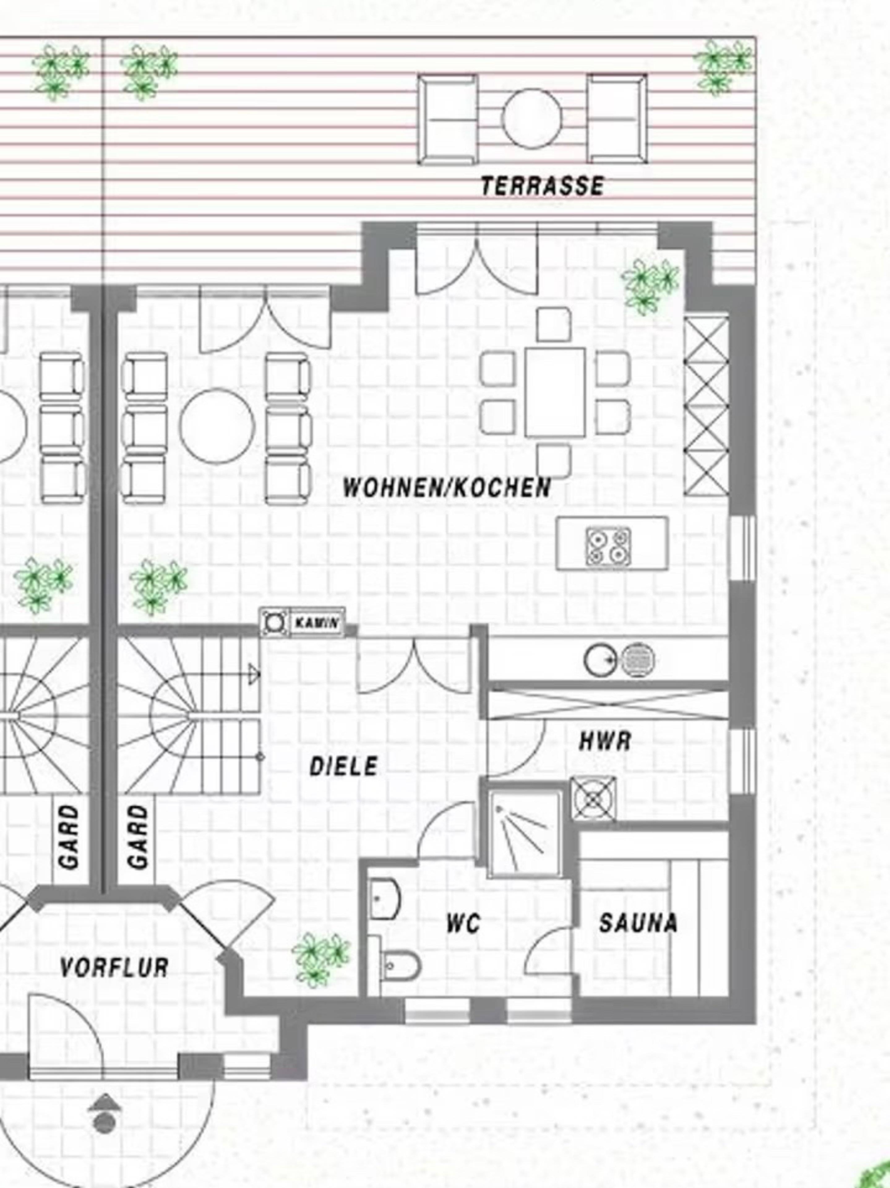 Grundriss im Erdgeschoss des Ferienhaus Strandreethus in Lobbe