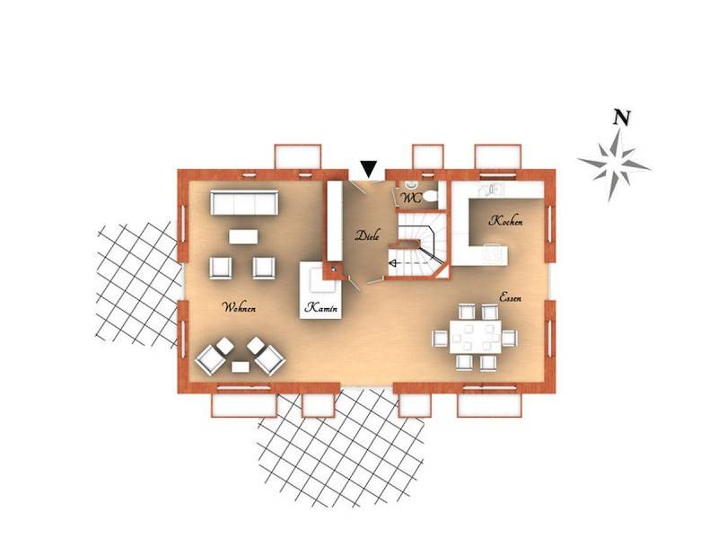 Der Grundriss im Erdgeschoss mit zwei Terrassen