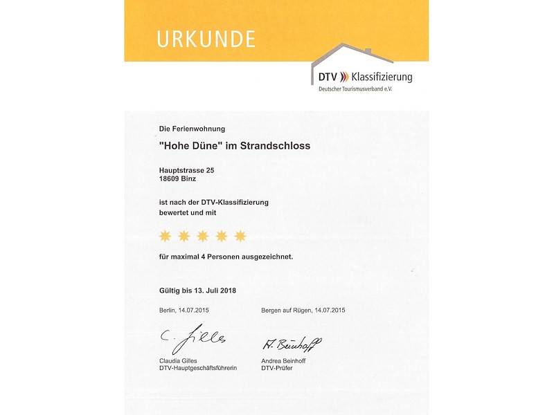 Die Ferienwohnung Hohe Düne ist mit 5- Sternen ausgezeichnet worden.