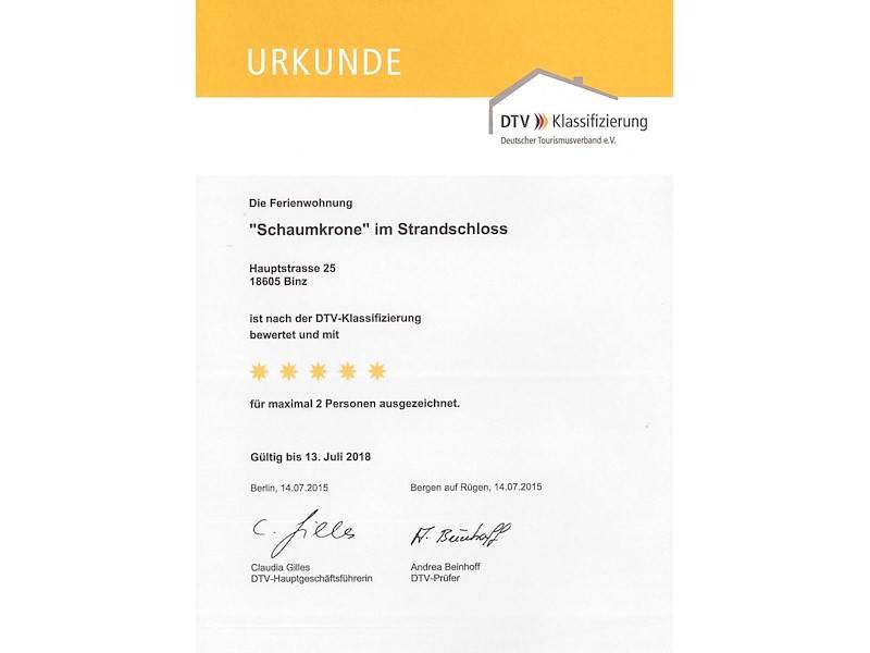 Die Ferienwohnung ist vom DTV mit 5- Sternen ausgezeichnet worden.