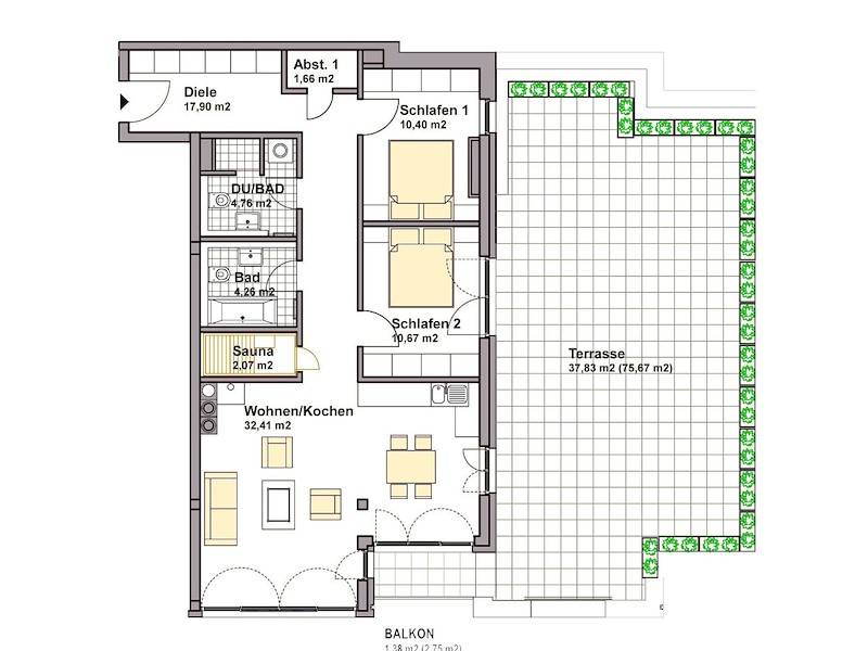 Der Grundriss der Ferienwohnung Ocean Eleven in Sassnitz.